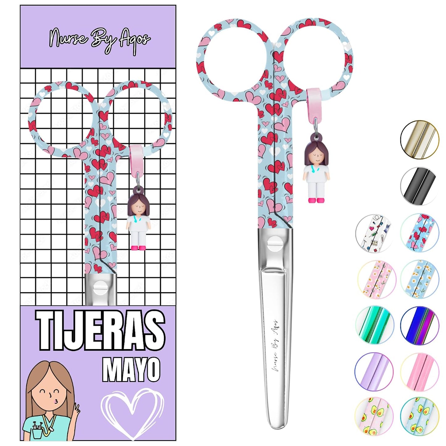 Nurse By Aqos | Tijeras Enfermeria Mayo - Ideal Para Enfermeras y TCAE | Tijeras de Vendaje Punta De Roma - Acero Inoxidable Pulido - Llavero Distintivo (Corazón Azul)