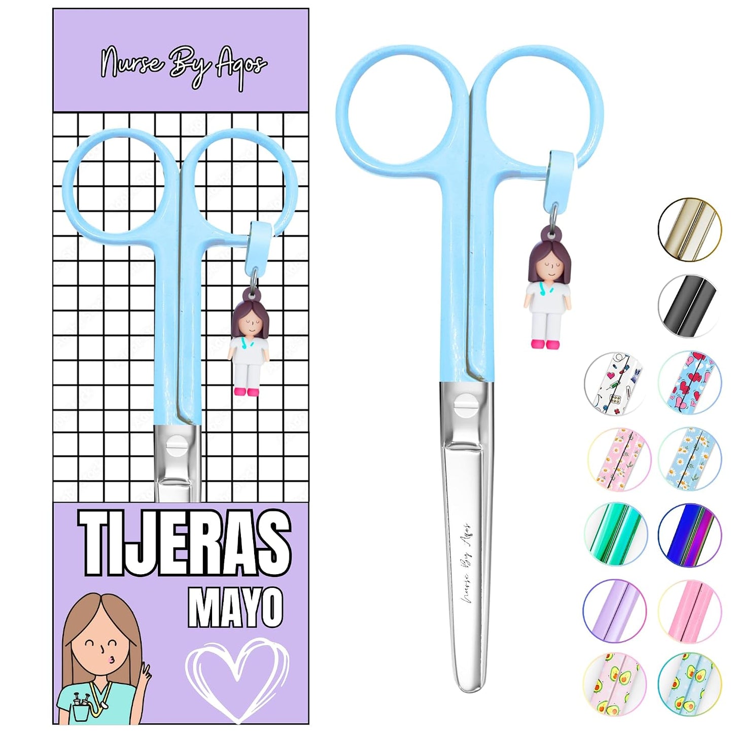 Nurse By Aqos | Tijeras Enfermeria Mayo - Ideal Para Enfermeras y TCAE | Tijeras de Vendaje Punta De Roma - Acero Inoxidable Pulido - Llavero Distintivo (Azul)