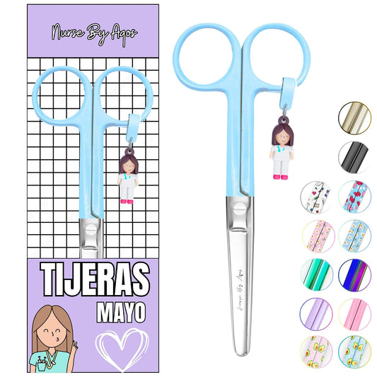 Nurse By Aqos | Tijeras Enfermeria Mayo - Ideal Para Enfermeras y TCAE | Tijeras de Vendaje Punta De Roma - Acero Inoxidable Pulido - Llavero Distintivo (Azul)