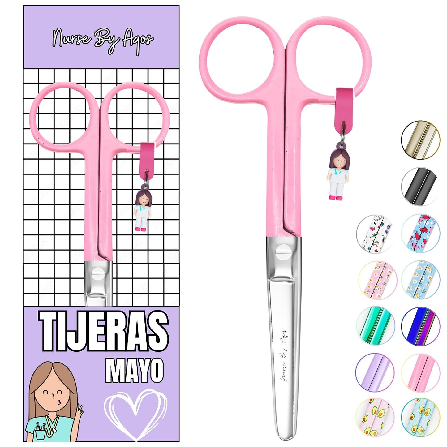 Nurse By Aqos | Tijeras Enfermeria Mayo - Ideal Para Enfermeras y TCAE | Tijeras de Vendaje Punta De Roma - Acero Inoxidable Pulido - Llavero Distintivo (Rosa)