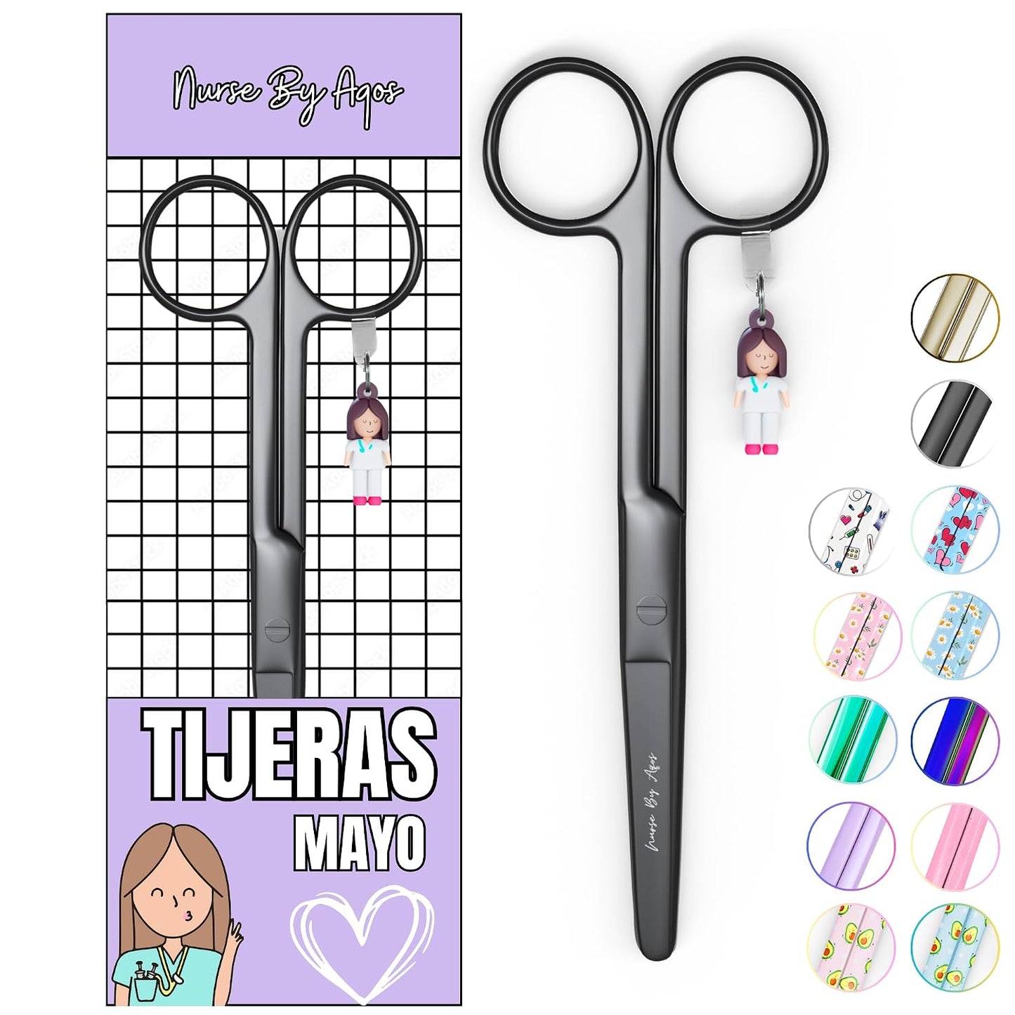 Nurse By Aqos | Tijeras Enfermeria Mayo - Ideal Para Enfermeras y TCAE | Tijeras de Vendaje Punta De Roma - Acero Inoxidable Pulido - Llavero Distintivo (Black)