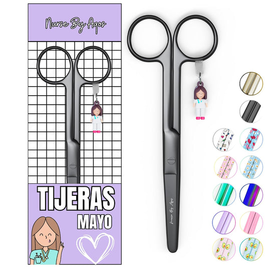 Nurse By Aqos | Tijeras Enfermeria Mayo - Ideal Para Enfermeras y TCAE | Tijeras de Vendaje Punta De Roma - Acero Inoxidable Pulido - Llavero Distintivo (Black)