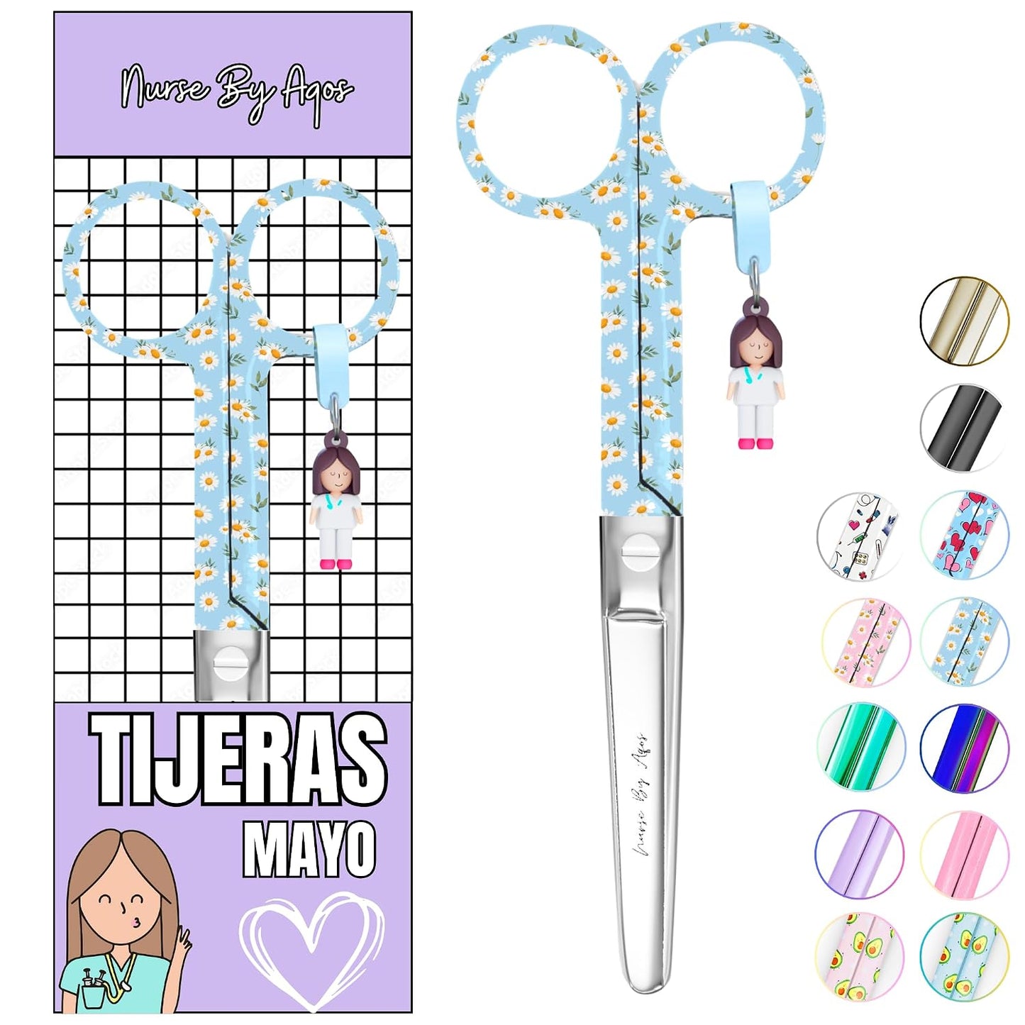 Nurse By Aqos | Tijeras Enfermeria Mayo - Ideal Para Enfermeras y TCAE | Tijeras de Vendaje Punta De Roma - Acero Inoxidable Pulido - Llavero Distintivo (Margaritas Azul)