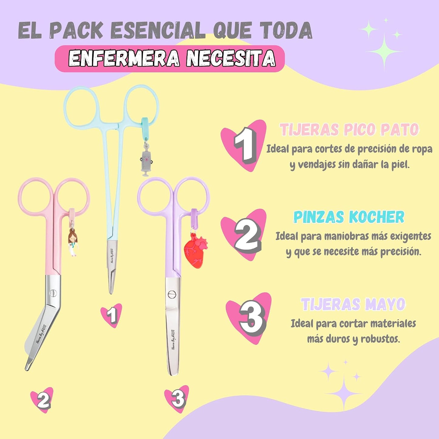 Nurse By Aqos | Tijeras Enfermeria (SET 3 UNIDADES): Tijera de Vendaje + Kocher + Tijera Punta Redonda - Ideal Para Enfermera En Apuros y TCAE | Acero Inoxidable Pulido - Llavero Distintivo