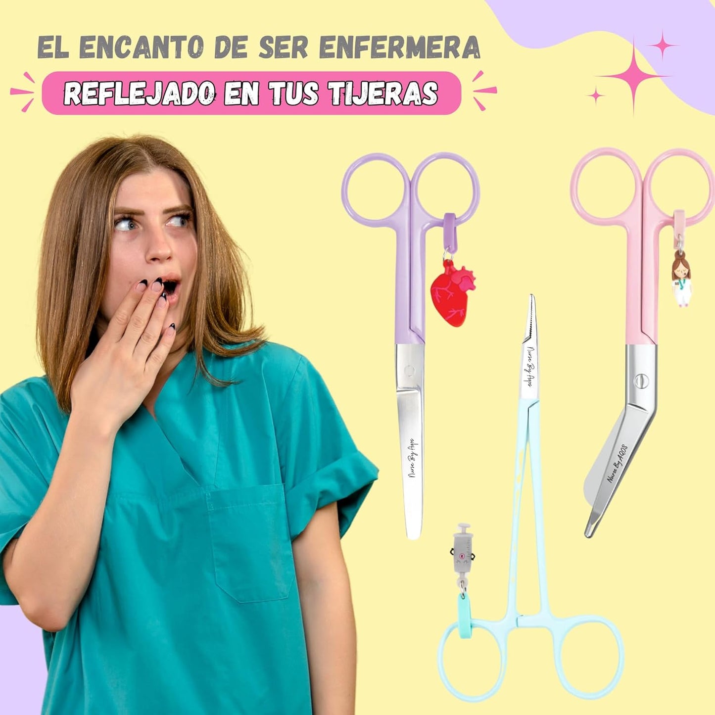 Nurse By Aqos | Tijeras Enfermeria (SET 3 UNIDADES): Tijera de Vendaje + Kocher + Tijera Punta Redonda - Ideal Para Enfermera En Apuros y TCAE | Acero Inoxidable Pulido - Llavero Distintivo