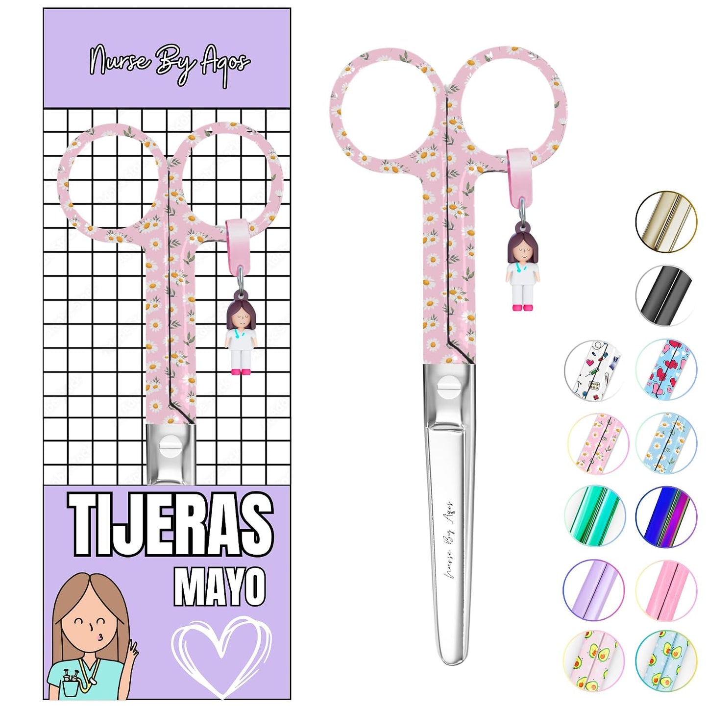 Nurse By Aqos | Tijeras Enfermeria Mayo - Ideal Para Enfermeras y TCAE | Tijeras de Vendaje Punta De Roma - Acero Inoxidable Pulido - Llavero Distintivo (Margarita Flores Rosa)