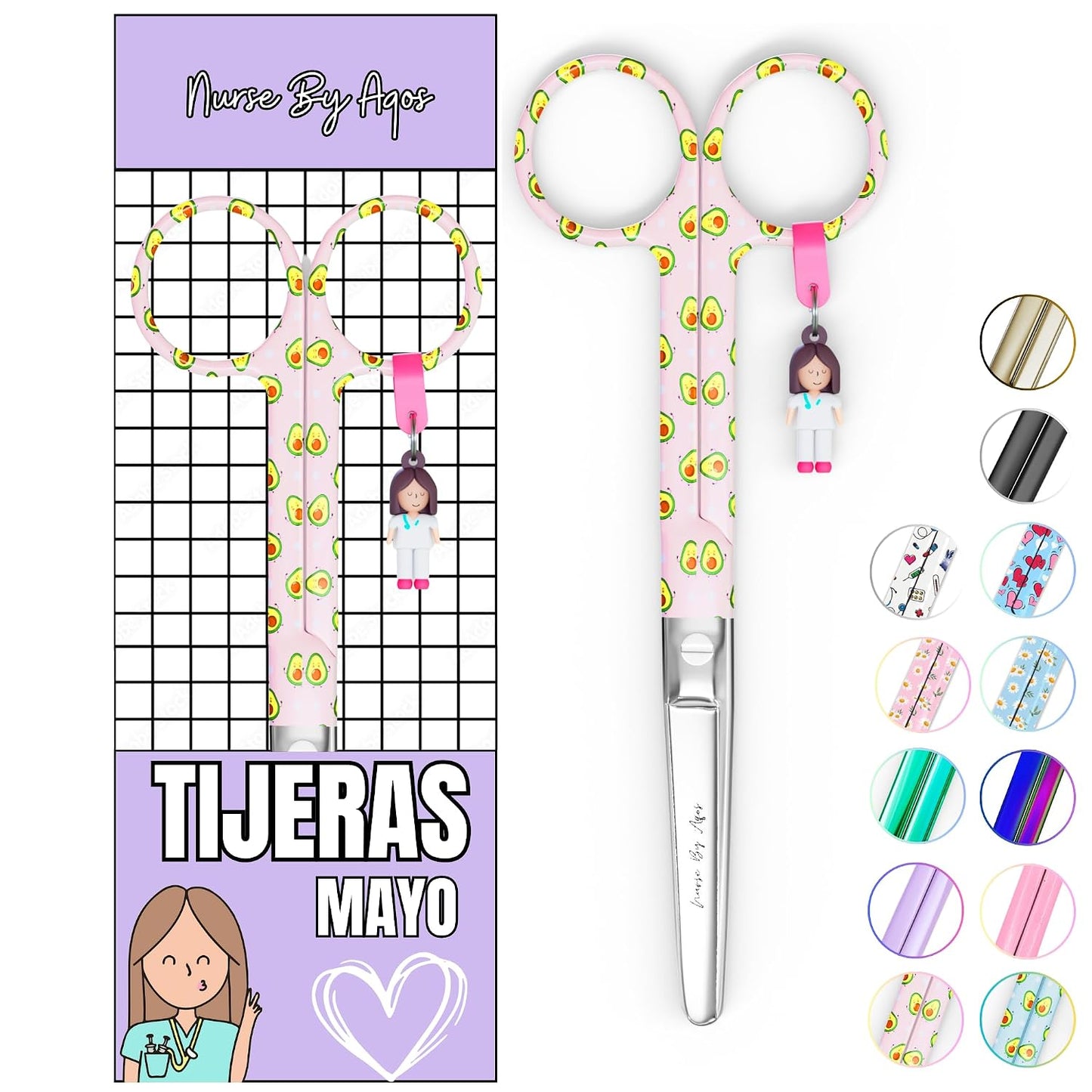 Nurse By Aqos | Tijeras Enfermeria Mayo - Ideal Para Enfermeras y TCAE | Tijeras de Vendaje Punta De Roma - Acero Inoxidable Pulido - Llavero Distintivo (Aguacate Rosa)