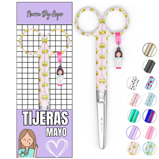 Nurse By Aqos | Tijeras Enfermeria Mayo - Ideal Para Enfermeras y TCAE | Tijeras de Vendaje Punta De Roma - Acero Inoxidable Pulido - Llavero Distintivo (Aguacate Rosa)