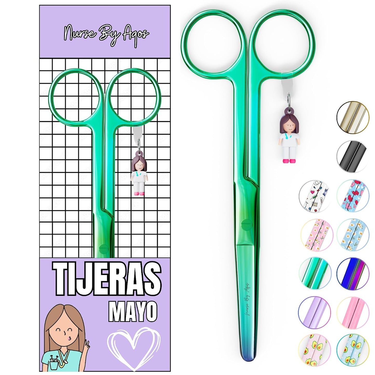 Nurse By Aqos | Tijeras Enfermeria Mayo - Ideal Para Enfermeras y TCAE | Tijeras de Vendaje Punta De Roma - Acero Inoxidable Pulido - Llavero Distintivo (Cromium)
