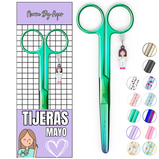 Nurse By Aqos | Tijeras Enfermeria Mayo - Ideal Para Enfermeras y TCAE | Tijeras de Vendaje Punta De Roma - Acero Inoxidable Pulido - Llavero Distintivo (Cromium)