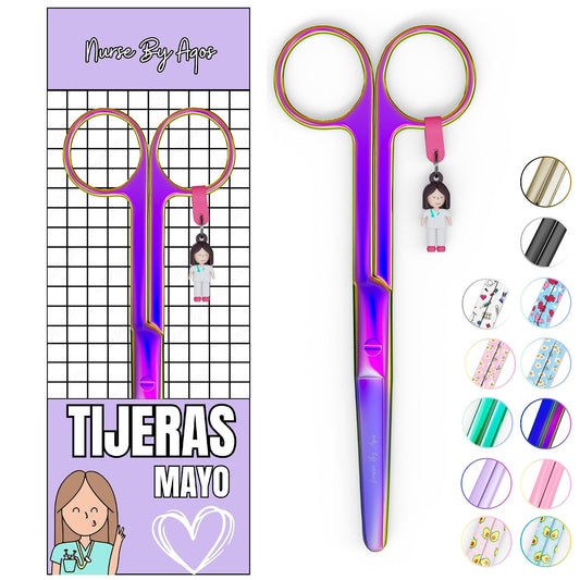 Nurse By Aqos | Tijeras Enfermeria Mayo - Ideal Para Enfermeras y TCAE | Tijeras de Vendaje Punta De Roma - Acero Inoxidable Pulido - Llavero Distintivo (Rainbow)